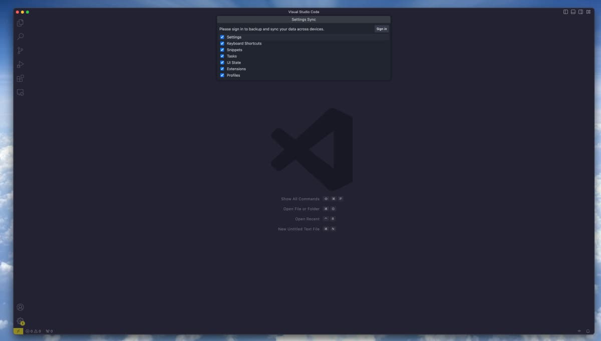 Visual Studio Code Desktop App Backup and Sync Settings Pop Up Sign In Menu