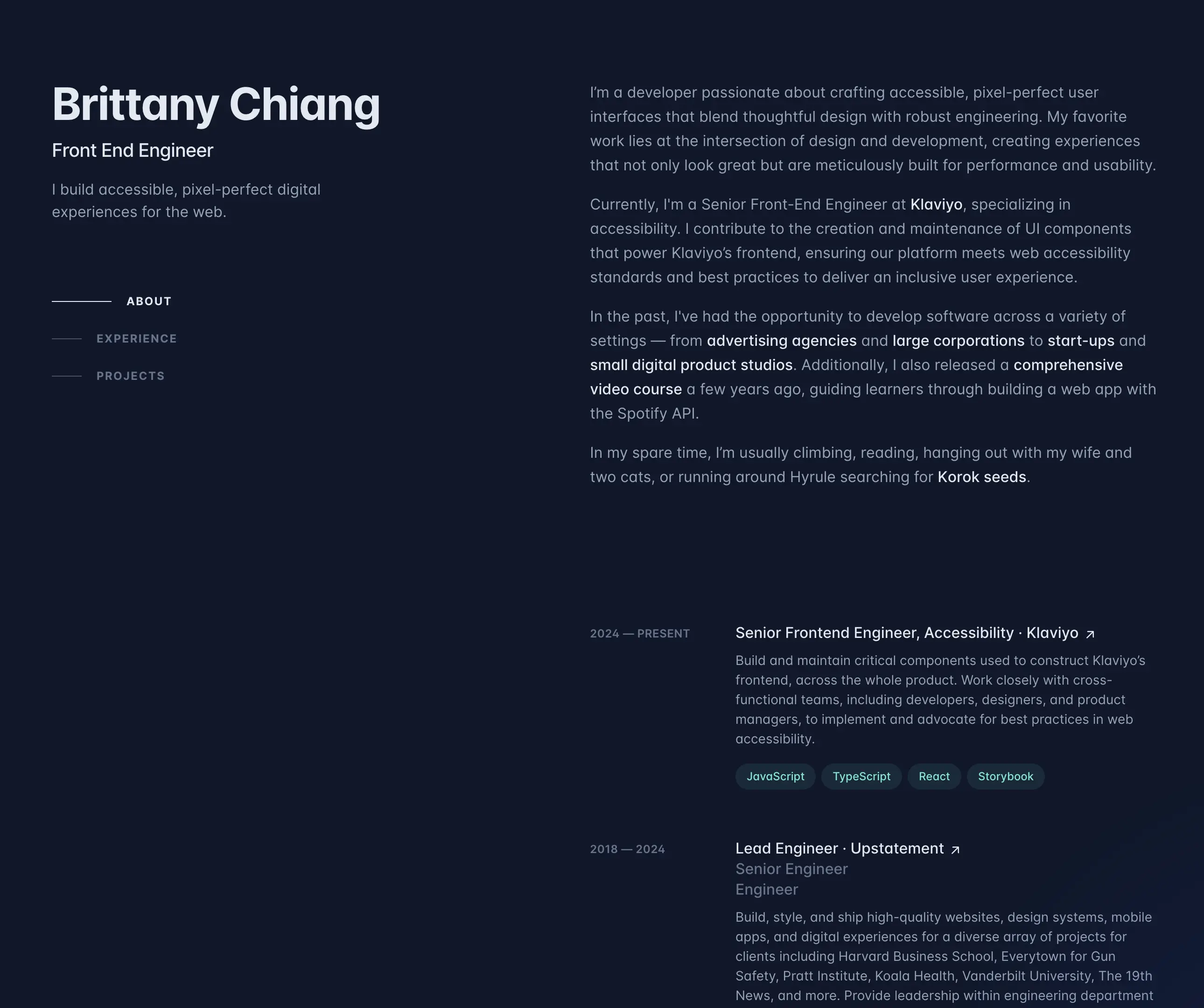 Popular frontend developer Brittany Chiang portfolio home page screenshot