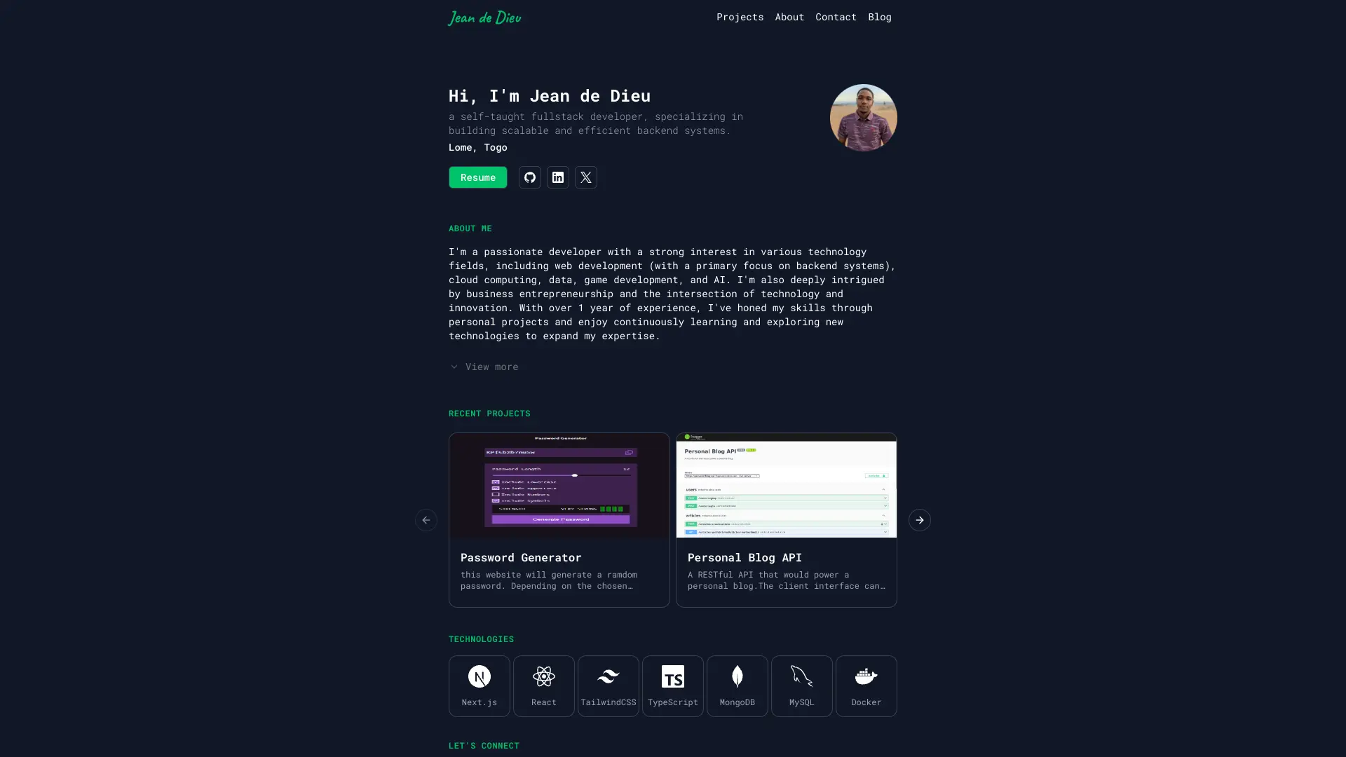 Jean de Dieu minimalistic backend developer portfolio.