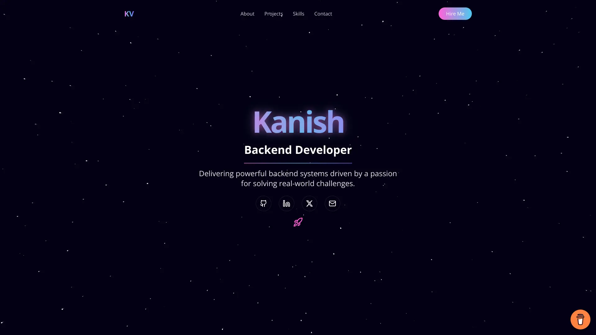 Kanish V's backend developer portfolio features a space theme throughout, and has an easy to navigate structure.