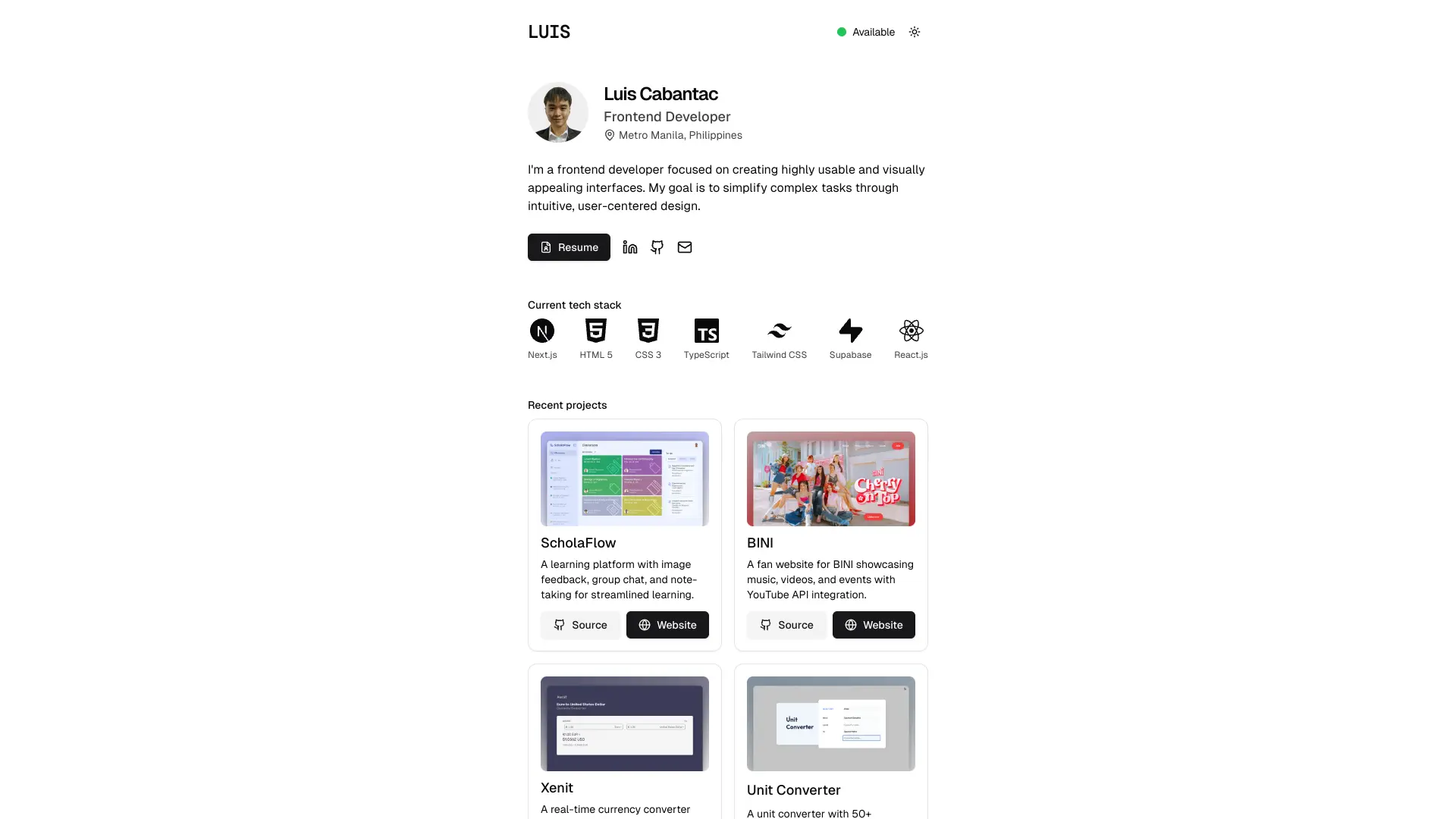 Screenshot of Luis Cabantac's frontend developer portfolio homepage that showcases a simple UI.