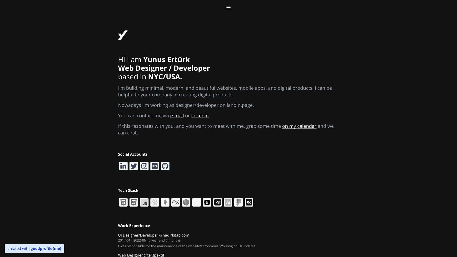 Web developer portfolio by Yunus Erturk that features a simple design that is visually separated.